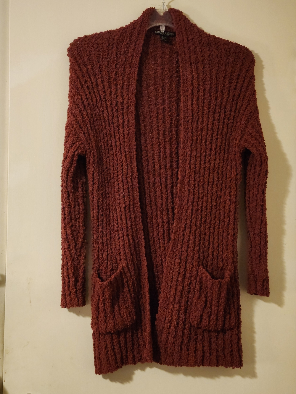 Sabrina Lauren Open-Front Chunky Knit Boho Cardigan in Rust Soft Textured LayerM
